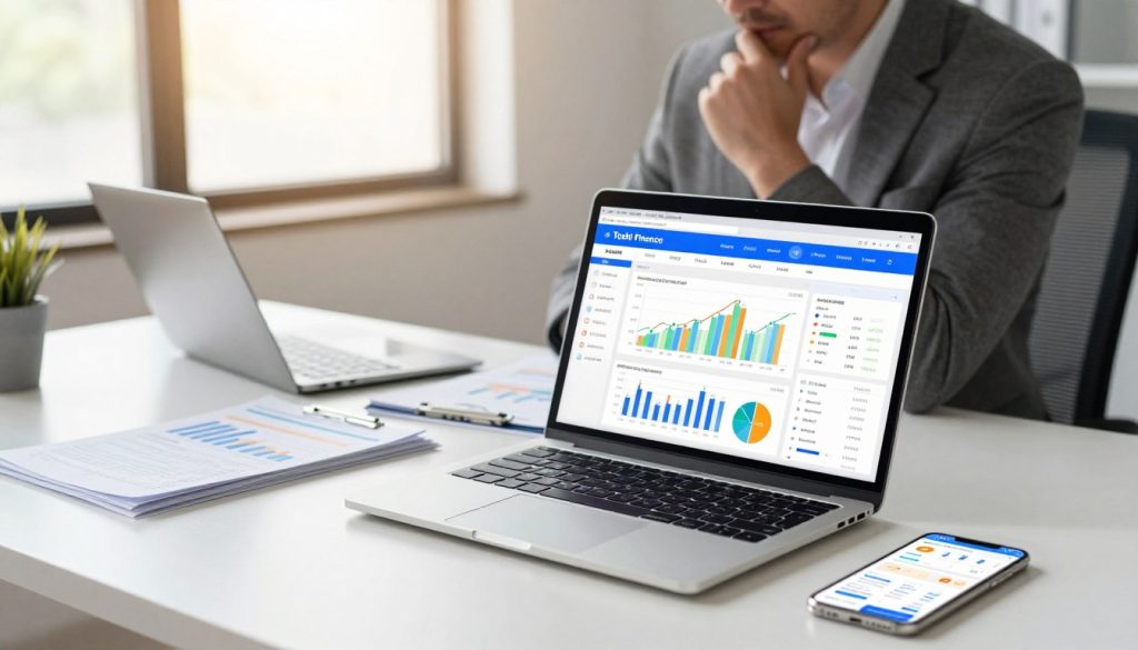 A sleek, modern workspace featuring a well-organized desk with a laptop displaying a vibrant Toshl Finance advanced report interface. The foreground shows a close-up of the laptop screen, highlighting colorful graphs and financial analytics data. Surrounding the laptop are neatly arranged financial documents and a smartphone displaying additional budgeting features. In the middle ground, a professional in business attire, thoughtfully examining the data, is seated at the desk. The background features a bright, airy office setting with large windows, creating a warm and productive atmosphere enhanced by natural light. The overall mood is focused and inspiring, emphasizing the importance of financial organization and data analysis.
