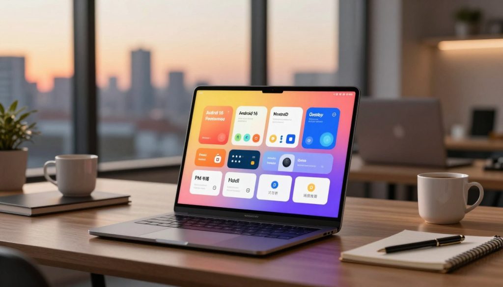 A sleek, modern workspace showcasing an Android device with customization options displayed on the screen. In the foreground, focus on the vibrant user interface of Android 16, highlighting personalized themes, widgets, and productivity tools in a clear and engaging way. The middle ground features a stylish desk with professional accessories—like a laptop, a coffee cup, and a notepad—radiating a sense of productivity. Soft, ambient lighting creates a warm atmosphere, illuminating the workspace with a focus on the device. In the background, a large window shows a view of a city skyline during sunset, suggesting a blend of modernity and technological innovation. The overall mood is inspiring, reflecting the excitement of personalized technology and productivity enhancements in a professional setting.