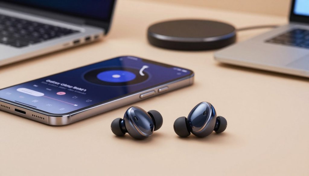 A sleek pair of Samsung Galaxy Buds3 Pro positioned prominently in the foreground, showcasing their modern, ergonomic design with a glossy finish and subtle color accents. The middle ground features an elegant smartphone displaying music options, hinting at seamless connectivity with Android devices. In the background, a stylish workspace with soft-focus technology elements, such as a laptop and wireless charging pad, adds a contemporary feel. The lighting is soft and warm, creating an inviting atmosphere, with a slight emphasis on the earbuds to highlight their premium features. Shot from a slightly elevated angle, giving a dynamic view that captures both detail and context, evoking a sense of innovation and sophistication. A sleek pair of Samsung Galaxy Buds3 Pro positioned prominently in the foreground, showcasing their modern, ergonomic design with a glossy finish and subtle color accents. The middle ground features an elegant smartphone displaying music options, hinting at seamless connectivity with Android devices. In the background, a stylish workspace with soft-focus technology elements, such as a laptop and wireless charging pad, adds a contemporary feel. The lighting is soft and warm, creating an inviting atmosphere, with a slight emphasis on the earbuds to highlight their premium features. Shot from a slightly elevated angle, giving a dynamic view that captures both detail and context, evoking a sense of innovation and sophistication.