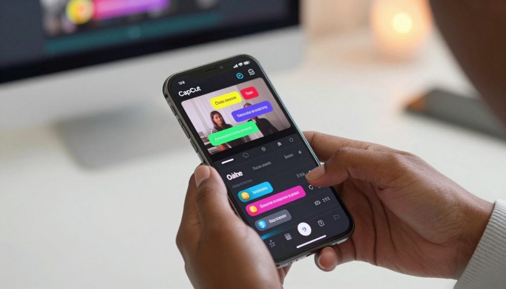 A smartphone displaying the CapCut video editing app on its screen, with vibrant colored interface elements showing options for adding automatic subtitles. In the foreground, a pair of hands of a diverse individual, wearing professional attire, expertly manipulating the phone to demonstrate the editing process. The middle layer features an outlined video clip with visual representations of captions appearing on the screen, showcasing dynamic text animation. The background consists of a clean, modern workspace with a subtle blend of warm ambient lighting, suggesting a cozy yet professional atmosphere. The angle is slightly tilted for a dynamic perspective, enhancing engagement. The overall mood is informative and inviting, perfect for illustrating video editing techniques.
