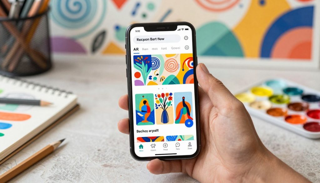 A vibrant and futuristic mobile app interface showcasing a user creating art by converting text into images. In the foreground, a sleek smartphone displays a dynamic app design filled with various colorful art pieces. The middle ground features a textured workspace with digital tools, a sketchbook, and vibrant palettes, symbolizing creativity and innovation. In the background, a soft focus abstract digital landscape filled with artistic elements like swirls, geometric shapes, and brush strokes evokes inspiration. The lighting is bright and inviting, creating a sense of enthusiasm and creativity. The overall mood is energetic and optimistic, reflecting the possibilities of mobile art creation through AI technology.