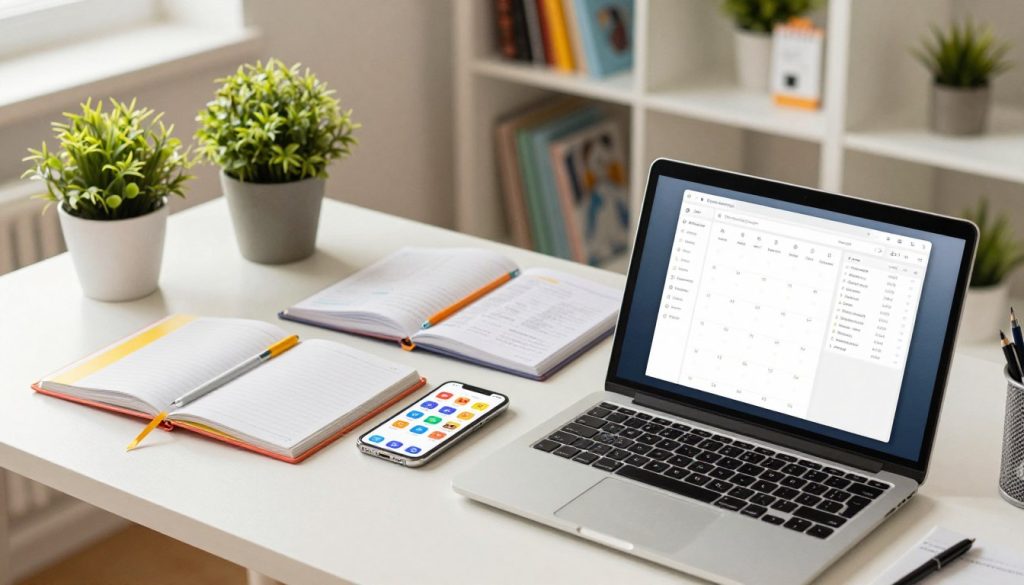 A vibrant and organized workspace featuring a modern desk, clutter-free and well-lit. In the foreground, a sleek laptop displays productivity apps like calendars and task managers. Stationed beside it, a colorful planner, stationery, and a potted plant add a touch of nature. In the middle, an open notebook reveals neat handwritten notes, while a smartphone showcases popular study apps with clear icons visible. The background includes a soft-focus bookshelf filled with educational materials and motivational decor. Warm, natural lighting enhances the inviting atmosphere, creating a sense of focus and productivity. The angle is slightly tilted from above, emphasizing the organized setup, with an overall mood of inspiration and diligence. A vibrant and organized workspace featuring a modern desk, clutter-free and well-lit. In the foreground, a sleek laptop displays productivity apps like calendars and task managers. Stationed beside it, a colorful planner, stationery, and a potted plant add a touch of nature. In the middle, an open notebook reveals neat handwritten notes, while a smartphone showcases popular study apps with clear icons visible. The background includes a soft-focus bookshelf filled with educational materials and motivational decor. Warm, natural lighting enhances the inviting atmosphere, creating a sense of focus and productivity. The angle is slightly tilted from above, emphasizing the organized setup, with an overall mood of inspiration and diligence.
