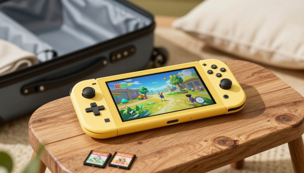 A vibrant and sleek Nintendo Switch Lite sits on a cozy travel table, in focus, with its pastel yellow color contrasting against a rustic wooden surface. The console's screen is illuminated, showcasing a lively gaming scene, while colorful game cartridges are scattered nearby, hinting at portability. In the background, we see blurred elements of a travel setting, like an open suitcase and a soft travel pillow, capturing an adventurer's spirit. Natural sunlight filters through a nearby window, casting soft shadows and creating a warm, inviting atmosphere. The angle is slightly elevated, providing a clear view of the device while maintaining an engaging depth to the travel scene. The overall mood conveys excitement and readiness for an adventure, perfect for gaming on the go.