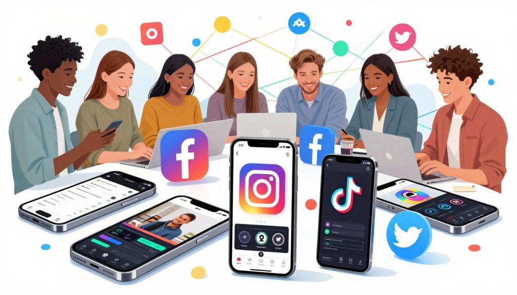 A vibrant digital illustration highlighting popular social media platforms, showcasing icons like Facebook, Instagram, TikTok, and Twitter. In the foreground, a creatively arranged collage of mobile devices displaying video editing applications, emphasizing functionality and user interface. The middle ground features diverse young professionals, dressed in casual but professional attire, discussing video editing ideas, with bright expressions of creativity and collaboration. In the background, an abstract representation of dynamic social media connections, using colorful lines and shapes to symbolize interaction and engagement. The lighting is bright and inviting, creating a cheerful atmosphere, while the angle offers a slight overhead view, providing depth and a sense of community around technology.