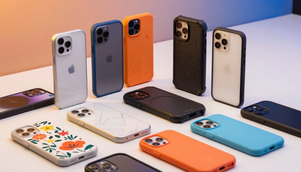 A vibrant display of mobile phone cases, showcasing an array of designs, colors, and textures. In the foreground, a selection of cases featuring stylish patterns—floral, geometric, and minimalist—are arranged attractively. The middle ground highlights sturdy, rugged cases designed to withstand drops, emphasizing their protective qualities with detailed textures. The background shows a softly blurred gradient that suggests a modern, tech-savvy environment, with ambient lighting that creates a warm, inviting atmosphere. The image is captured from a slightly elevated angle, simulating a flat lay perspective, allowing the features of each case to shine while maintaining an organized appearance. The mood is creative and inspiring, perfect for mobile accessory enthusiasts.