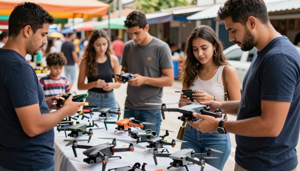 A vibrant marketplace scene in Brazil, showcasing a variety of drones for sale. In the foreground, a well-organized display featuring different drone models, with sleek designs and bright colors, appealing to beginners. A knowledgeable salesperson, dressed in smart casual attire, is assisting a customer, highlighting the features of a beginner-friendly drone. In the middle ground, enthusiasts of various ages, including a family and a couple of young adults, are interacting with the drones, showing interest and excitement. The background reveals a lively street market atmosphere, with colorful stalls and greenery. The image is lit with warm, natural sunlight, creating an inviting and cheerful mood. The angle captures the bustling energy of the scene while focusing on the engaging interactions around drone purchasing.