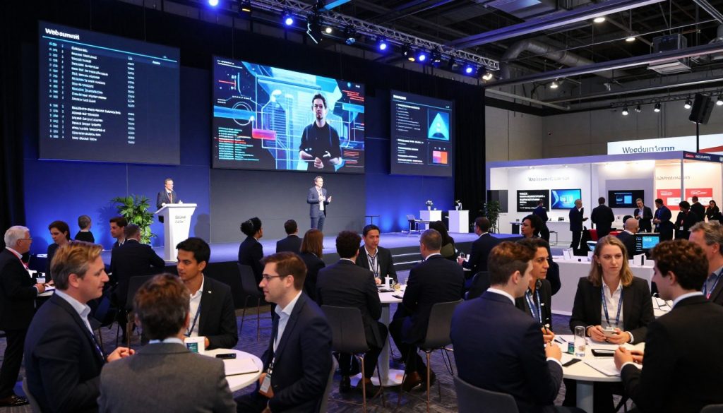 A vibrant scene depicting the Web Summit in a modern conference setting, showcasing an audience of diverse professionals in business attire engaged in discussions. In the foreground, a group of enthusiastic attendees, some taking notes and others networking. The middle ground features a large stage with a prominent speaker giving a keynote presentation, flanked by high-tech screens displaying innovation concepts. In the background, various booths representing startups from around the world, filled with engaging displays and interactive technology. The atmosphere is lively and energetic, illuminated by bright, focused lighting that creates an inspiring ambiance, with a wide-angle view that captures the scale of the event. The color palette is dynamic, featuring deep blues and metallic accents to reflect the tech theme.