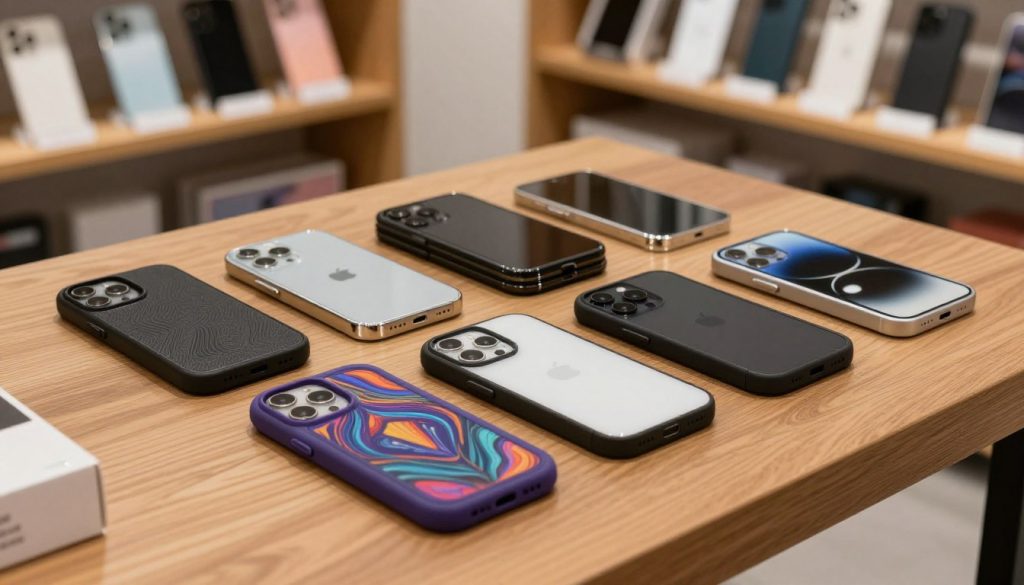 A visually appealing display of high-quality mobile phone cases and screen protectors arranged on a sleek wooden table. In the foreground, focus on a couple of premium cases with intricate designs and vibrant colors, showcasing their texture and craftsmanship. In the middle ground, include neatly stacked phone screen protectors of varying sizes, highlighting their clarity and durability. In the background, softly blurred shelves filled with an array of mobile accessories and a warm ambient light that conveys a sense of trust and reliability. The overall atmosphere should feel inviting and professional, evoking a sense of confidence in product quality. Use natural lighting to create soft shadows, and capture the scene from a slightly angled top-down perspective to emphasize depth and detail.