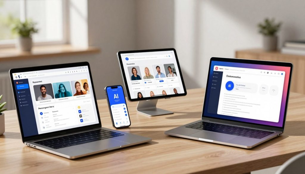A visually engaging workspace scene featuring a collection of smart devices and applications related to artificial intelligence. In the foreground, display a sleek laptop open to a vibrant user interface showcasing various AI tools. Beside it, a smartphone displaying a popular AI assistant app. In the middle ground, include a stylish tablet with a minimalist design, showing productivity apps tailored to different user profiles. The background should feature a cozy, modern office environment with soft natural light filtering through a window, casting gentle shadows. Use a wide-angle lens perspective to capture the essence of technology seamlessly integrated into everyday life, evoking a sense of innovation and efficiency. The mood should be inspiring and professional, suitable for showcasing the potential of AI in daily tasks.