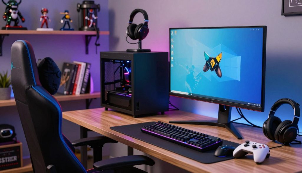 A well-organized gaming setup featuring an ergonomic gaming chair, a sleek desk with a high-resolution monitor, mechanical keyboard, and a responsive gaming mouse. The foreground shows neatly arranged gaming accessories, such as a headset and controller, highlighting the importance of choosing the right tools for different gaming environments. In the middle, the gaming equipment is set against a stylish backdrop of shelves filled with gaming memorabilia and books, emphasizing personalization. The background is softly lit with ambient lighting that creates a cozy atmosphere, showcasing a blend of colors that enhance the gaming vibe. The scene should evoke a sense of focus and excitement, appealing to gamers looking to optimize their space, reflecting how to choose accessories based on available space, gaming time, and personal goals.