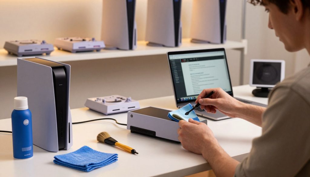 An organized workspace featuring a modern video game console, tools for maintenance like microfiber cloths, brushes, and canisters of compressed air. In the foreground, there is a console being carefully cleaned by a person in smart casual attire, demonstrating proper maintenance techniques. The middle layer shows a well-lit table filled with console accessories and a laptop displaying maintenance guides. The background includes shelves lined with various console models, from classic to next-gen, all well-maintained and gleaming. Soft, warm lighting creates a welcoming atmosphere, with a slight focus blur on the background to emphasize the action in the foreground. The scene conveys a sense of professionalism and dedication to console care.