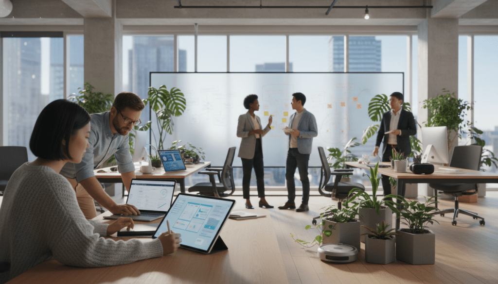 A bustling open-plan office scene, showcasing diverse professionals engaged in user experience design. In the foreground, a focused Asian woman sketches user interface designs on a tablet, while a Caucasian man examines user feedback on a laptop. In the middle ground, a Black woman collaborates with a team, discussing ideas with diagrams on a whiteboard. Cozy plants and innovative tech gadgets are scattered throughout the workspace. The background features large windows with bright, natural light flooding in, creating a vibrant atmosphere. The mood is collaborative and dynamic, highlighting interaction and modern design practices. Capture the essence of user experience with a professional angle, emphasizing teamwork and creativity in a contemporary environment.