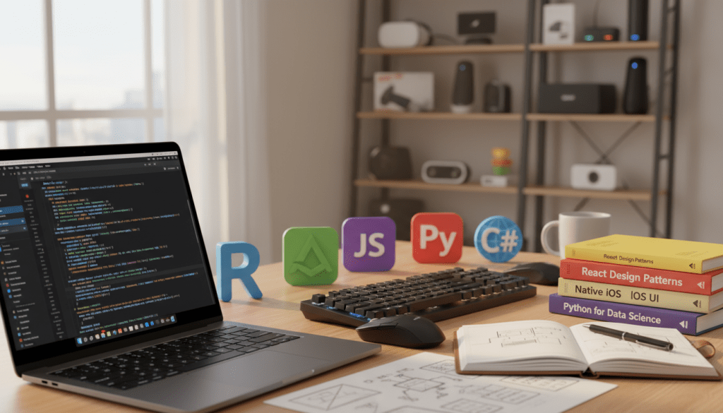 A close-up shot of an arranged workspace filled with various essential development tools for both web apps and native applications. In the foreground, highlight detailed elements like a laptop with visible code on the screen, an array of colorful coding books, and an open notebook with sketches. The middle layer should include popular development tools such as software icons represented as 3D models or flat design items scattered around, symbolizing versatility. The background features a softly lit office environment with a blurred view of shelves filled with tech gadgets, creating a professional and inviting atmosphere. Use warm, diffused lighting to convey a productive mood, and opt for a shallow depth of field to emphasize the tools in focus.