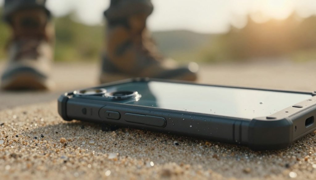 A close-up view of a modern smartphone with a sleek, rugged design, showcasing its waterproof and dustproof features. The foreground features the device placed on a textured surface resembling sand and water droplets, emphasizing its durability. The background features a blurred image of an outdoor environment, hinting at adventure, with soft sunlight filtering through trees, creating a warm glow. Use a shallow depth of field to focus on the smartphone while adding a touch of bokeh effect for the background. The overall mood is optimistic and adventurous, suggesting reliability for outdoor use. Ensure there are no text elements or human subjects in the scene.