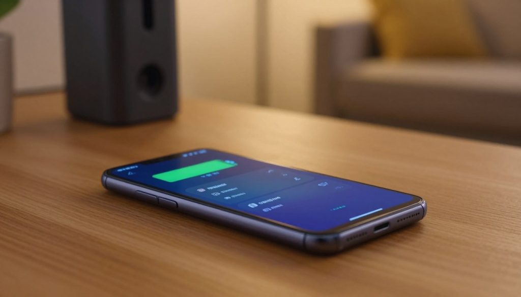 A close-up view of a sleek Android smartphone lying on a wooden table, softly illuminated by warm ambient light. The screen displays a vibrant graphical interface showing the battery settings, with a highlighted option for disabling vibration. In the background, a blurred charging station and a cozy living room setting create a homely atmosphere. Subtle electric blue and green light emissions emanate from the phone's screen, signifying energy optimization. The composition should convey focus and tranquility, emphasizing the importance of battery conservation. The scene should evoke a sense of mindful gaming, with no people present, ensuring that the image remains clean and professional.