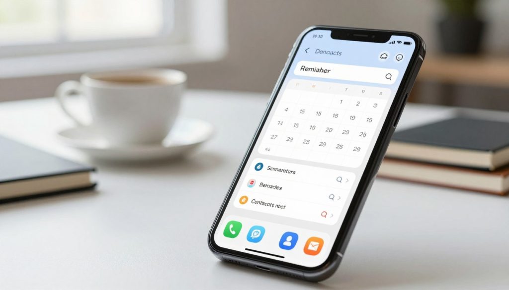 A close-up view of a smartphone screen displaying a contacts app interface alongside a calendar and reminders section, set against a modern, clean desk background. In the foreground, the smartphone is sleek and stylish, with vibrant app icons visible. The middle ground features a cup of coffee and a few notebooks, suggesting an organized workspace. The background is softly blurred, revealing a bright window with natural light streaming in, creating a warm and inviting atmosphere. The scene exudes a professional mood, ideal for tech discussions, with a subtle focus on productivity and privacy management. The lighting is bright and even, emphasizing clarity and focus on the smartphone screen.