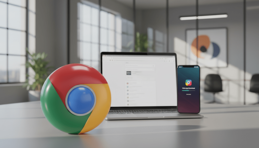 A close-up view of the Google Chrome logo, vividly portrayed in a dynamic, modern setting. The foreground features the iconic multicolored circular logo with a 3D effect, reflecting light and showcasing vibrant hues of red, green, yellow, and blue. In the middle ground, include a sleek laptop displaying a web page, symbolizing desktop use, alongside a smartphone showcasing a PWA app download. The background features a blurred office environment, conveying a tech-savvy atmosphere with soft, natural lighting that enhances the colors. The camera angle is slightly tilted to give a sense of depth, with a focus on the logo to emphasize its significance in the context of web applications. The overall mood is professional and innovative, perfect for illustrating modern technology integration.