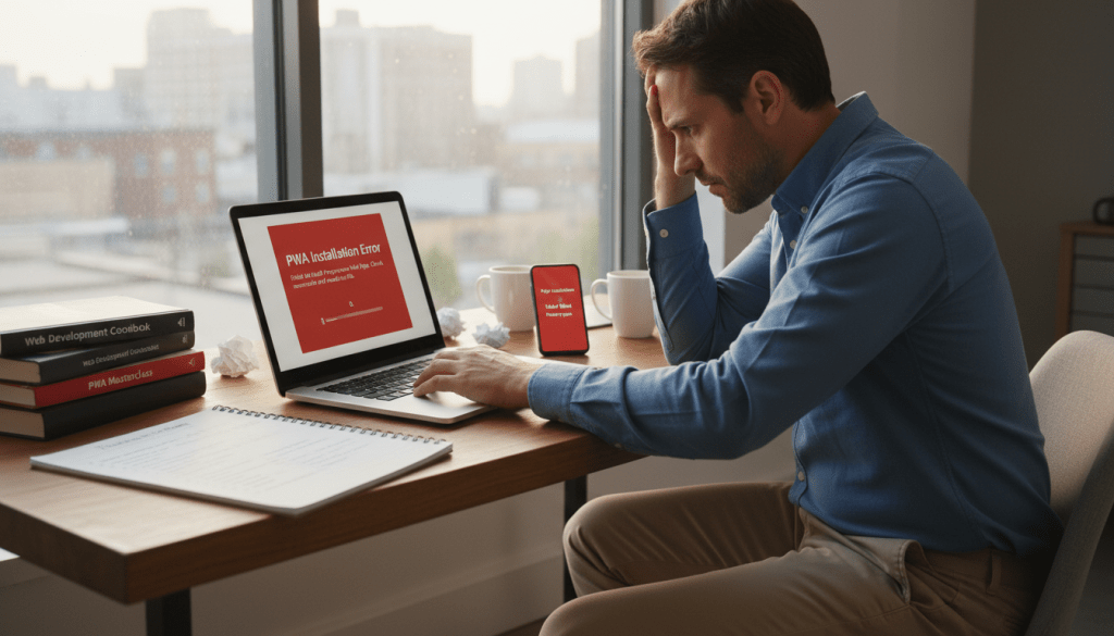 A concerned professional, seated at a desk, looks at a laptop screen displaying a "PWA installation error" message. In the foreground, the individual wears smart casual attire, appearing frustrated but focused. The middle ground showcases the laptop with a detailed error notification on the screen, and a smartphone beside it displaying a similar issue. In the background, a well-organized workspace with technical books and a notepad filled with troubleshooting notes conveys a feeling of urgency. Soft, natural lighting streams in from a nearby window, casting gentle shadows for a warm atmosphere. The overall mood reflects the challenges of resolving installation problems, underscoring the theme of problem-solving in technology.
