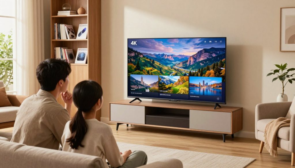 A cozy living room scene showcasing a stylish and modern 4K Smart TV prominently placed on a sleek media console. In the foreground, there are family members—a father and mother in modest, casual clothing, closely examining various TV sizes with a thoughtful expression, discussing options. The middle ground features the TV displaying vibrant, high-resolution images of nature and cityscapes, demonstrating the clarity of 4K quality. Soft, warm lighting creates an inviting atmosphere, with sunlight streaming in through a nearby window, illuminating the scene. The background includes bookshelves filled with technology magazines, a plant, and a comfortable sofa, enhancing the homely tech ambiance. Use a wide-angle lens to capture the entire environment while maintaining focus on the family and the TV.