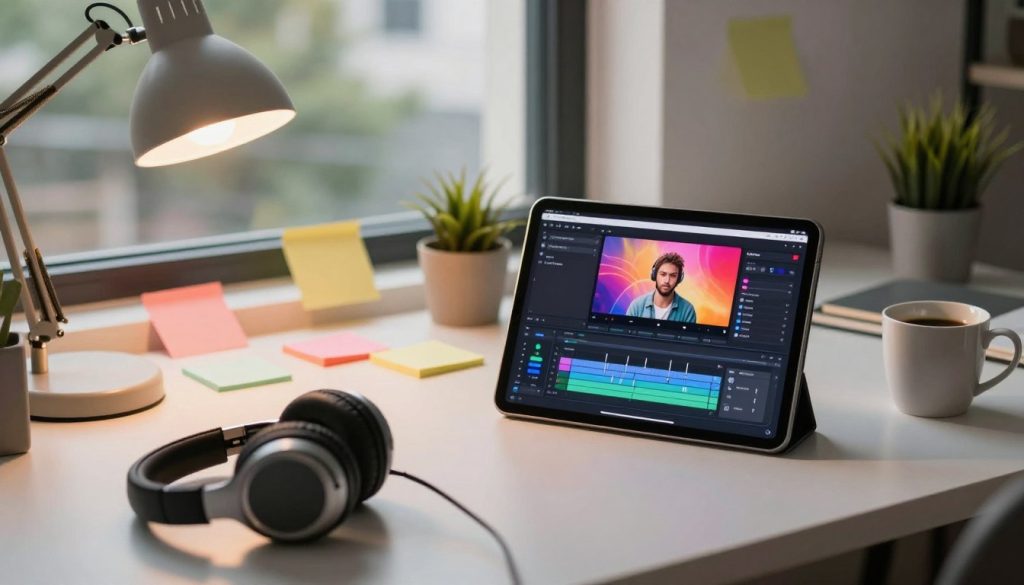 A creative workspace set for video editing on an iOS device, featuring an iPad with a vibrant editing app interface open. In the foreground, a pair of professional headphones rests beside a sleek coffee cup, while a lighted desk lamp casts a warm, inviting glow. In the middle, a workspace filled with colorful sticky notes and a small potted plant adds a touch of greenery. The background showcases a modern window that allows soft, natural light to illuminate the scene, hinting at an urban environment outside. The atmosphere is productive and inspiring, reflecting a contemporary, organized space perfect for content creation. The image should be captured from a slightly elevated angle to enhance the arrangement of objects and convey depth.