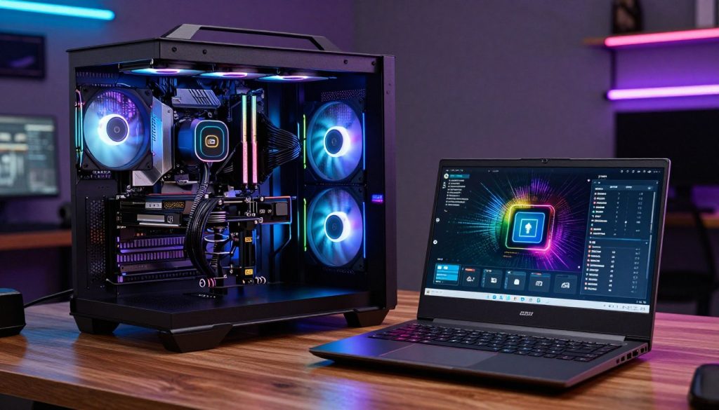 A detailed gaming laptop setup on a sleek wooden desk, with an intense focus on cooling features and temperature monitoring. In the foreground, showcase a high-performance gaming laptop with open software displaying CPU and GPU temperature readings, glowing LED lights in vibrant colors. The middle section features a close-up of an advanced cooling system with strategically placed fans and heat vents, highlighting airflow dynamics. The background includes a dimly lit room with ambient neon lights reflecting off the walls, creating a tech-driven atmosphere. Use soft diffused lighting to enhance the details of the laptop and cooling components, while capturing the essence of long gaming sessions with a dynamic yet professional mood, ensuring no text or logos are present in the image.