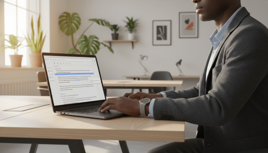 A focused professional sitting at a sleek modern desk, editing documents on Google Docs using a laptop. The foreground features a close-up of the screen showing the Google Docs interface with highlighted text and editing tools. The middle layer showcases the professional's hands typing on the keyboard, dressed in a smart-casual outfit. In the background, a bright and airy office space with soft natural light streaming through large windows, casting a warm glow. Potted plants add vibrancy to the scene, creating a productive and calming atmosphere. The overall mood is one of efficiency and creativity, reflecting a contemporary workspace designed for seamless document editing.