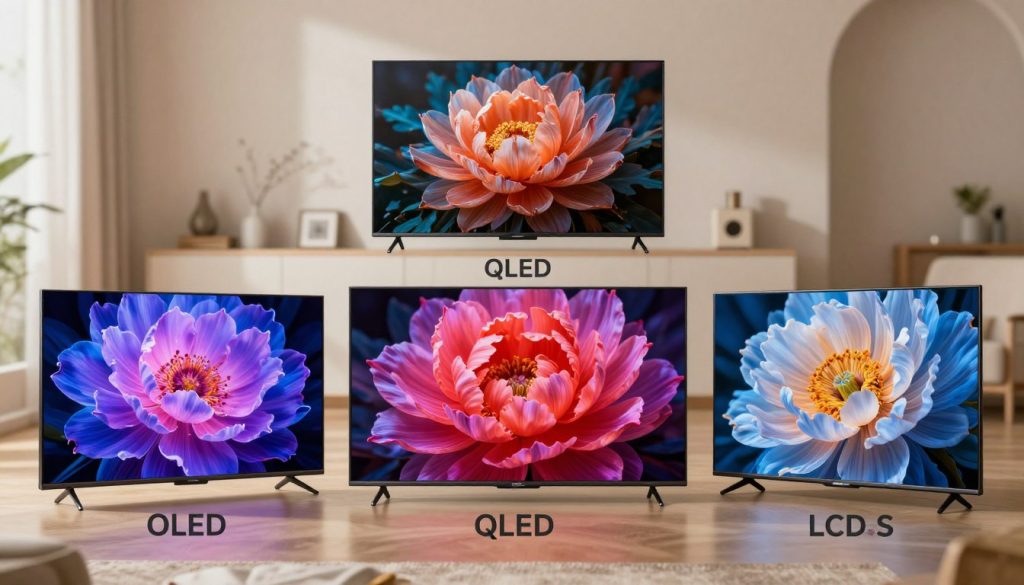A high-resolution image showcasing various types of TV screen panels, emphasizing the differences between OLED, QLED, and LCD technologies. In the foreground, feature three distinct television panels arranged side by side, each displaying vibrant and detailed images that highlight their respective color profiles and contrast capabilities. In the middle ground, include subtle technical labels next to each panel to indicate their technology type. The background should be a softly lit modern living room setting with neutral colors to enhance the focus on the TVs. Use natural lighting to create a warm, inviting atmosphere, shot from a slightly elevated angle to provide a comprehensive view. The overall mood should convey a sense of advanced technology and family-friendly comfort.