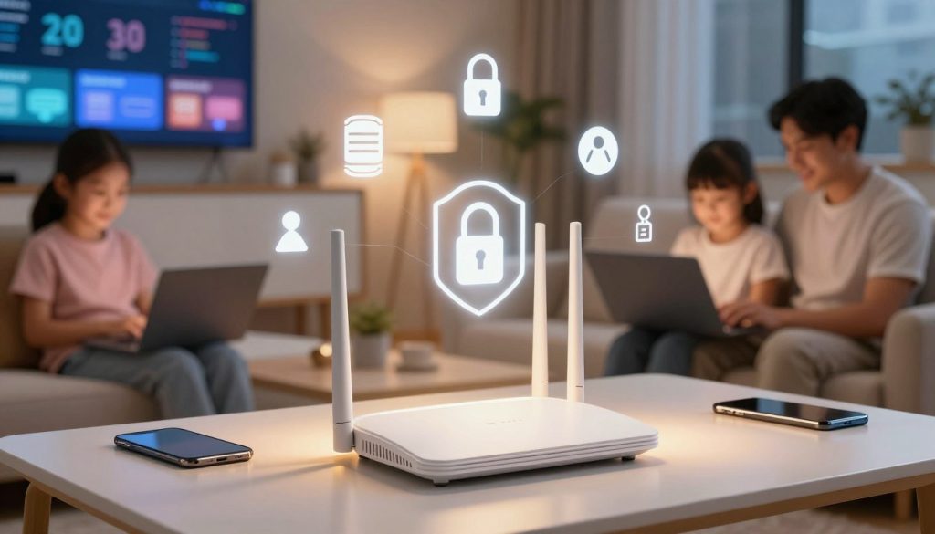 A modern and secure home network setup featuring a sleek Mesh router prominently in the foreground, illuminated gently by soft, warm lighting. Surrounding the router, icons representing security features such as firewalls, encryption, and parental controls float above it in an abstract manner. In the middle ground, a stylish living room with a family engaged in safe internet browsing on various devices—laptops, tablets, and smartphones—highlights a balanced family life. In the background, softly blurred, a digital display screen showcasing network statistics enhances the tech-savvy atmosphere. The overall mood is safe and inviting, conveying the importance of network security in a contemporary home setting, viewed from a slightly elevated angle to emphasize the network's central role in the household.