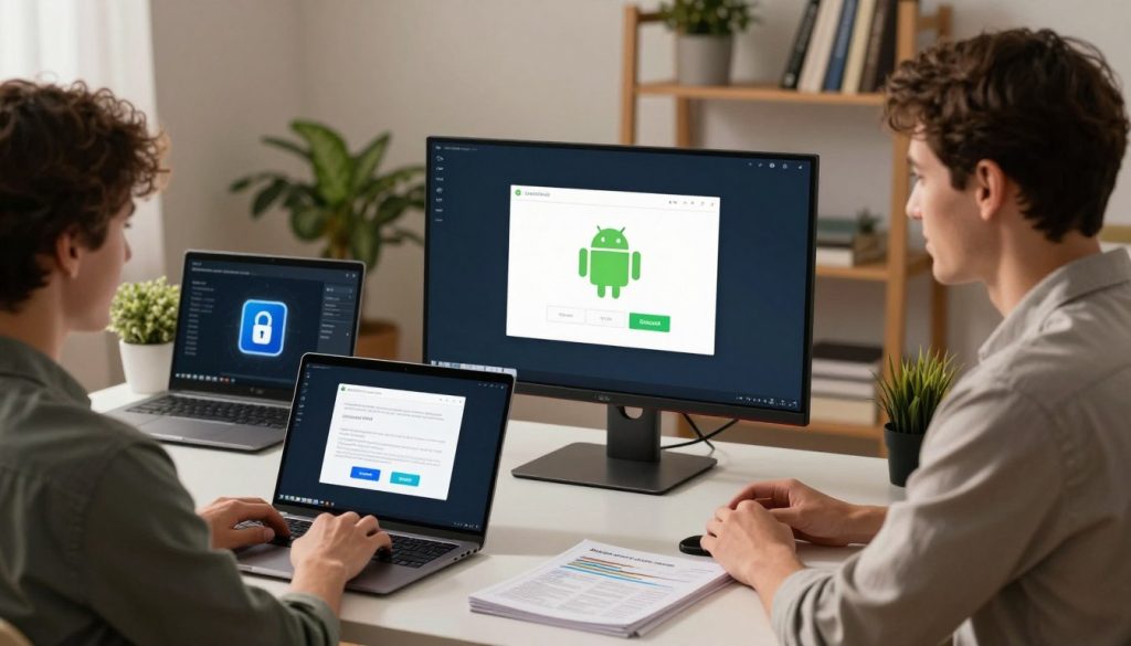 A modern and well-organized workspace featuring a high-end PC setup displaying an Android emulator interface on the monitor. In the foreground, a focused individual, dressed in smart casual attire, is installing the emulator with a confident expression, using a sleek laptop and a set of technical manuals. The middle ground captures various software development tools and security icons on a clean desk, symbolizing safe installation practices. The background showcases a cozy room with warm ambient lighting, potted plants, and shelves filled with tech-related books. The atmosphere is one of productivity and calm, emphasizing a secure and stress-free installation process. Soft light casts gentle shadows to add depth, while a slight blur on the background enhances the focus on the individual and the emulator interface.