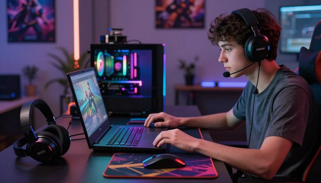 A modern gaming laptop prominently displayed on a sleek desk, surrounded by gaming accessories like a high-quality headset, a mechanical keyboard, and a vibrant mouse pad. In the foreground, a focused young gamer in modest casual clothing is deeply engaged in gameplay, showcasing their intense concentration and passion for gaming. The middle ground includes a colorful RGB-lit gaming setup, adding a dynamic atmosphere. In the background, a blurred view of a cozy gaming room with gaming posters and LED lighting enhances the ambiance. Soft, moody lighting emphasizes the gamer’s expression and the technology, creating an immersive gaming vibe, captured with a slightly angled perspective to highlight the laptop's sleek design and features.