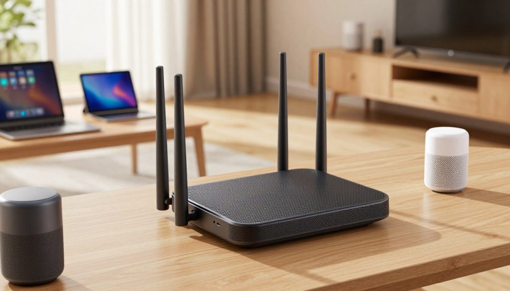 A modern, high-performance mesh router set prominently in the foreground, showcasing sleek lines and a minimalist design. The device has multiple antennas that illustrate its connectivity prowess. Surrounding the router, a home office environment is depicted, featuring various smart devices like tablets, smart speakers, and smart lighting, all seamlessly connected. In the background, a stylish living room is visible, emphasizing a smart home atmosphere with interconnected devices. The lighting is warm and inviting, with natural light streaming in from a window, highlighting the router’s technological features. The angle is slightly high, allowing for a comprehensive view of the setup. The overall mood is modern and efficient, suggesting a well-organized, tech-savvy household ready for productivity.