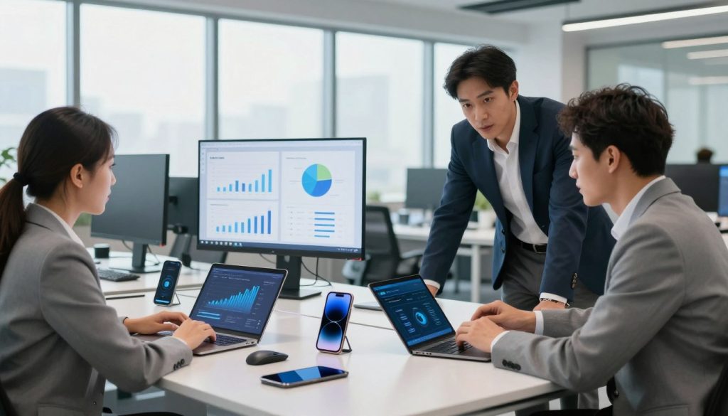 A modern office environment showcasing a collaborative workspace, with sleek desks and advanced technology. In the foreground, a diverse group of three professionals—two men and one woman—are engaged in a discussion about mobile device management (MDM) strategies. They are dressed in business attire, exuding a sense of professionalism and focus. The middle section features an array of digital devices like smartphones and tablets arranged methodically, with graphs and charts on a large screen displaying MDM analytics. The background is filled with large windows allowing natural light to flood the room, enhancing a bright and dynamic atmosphere. Use soft lighting to create an inviting yet serious mood, ensuring a clear view of the subjects while keeping the emphasis on the collaboration around MDM solutions.