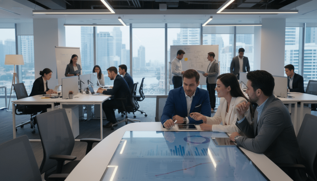 A modern office environment showing a diverse team of professionals engaged in effective communication. In the foreground, a group of three individuals, two men and one woman, are gathered around a sleek conference table, actively discussing ideas while pointing at a digital screen displaying graphs and charts. In the middle ground, an open workspace with workstations displays team members collaborating over laptops, deep in concentration, wearing professional business attire. Soft, ambient lighting creates a welcoming atmosphere, while large windows in the background reveal a cityscape, enhancing the sense of openness and connectivity. A blend of warm and cool light tones evokes a positive and focused mood, emphasizing the theme of seamless communication and team alignment.