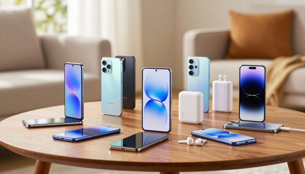A modern, sleek smartphone display showing a variety of budget-friendly mid-range smartphones, arranged artistically on a wooden table. In the foreground, focus on the phones, highlighting their colorful screens and unique designs. In the middle, include accessories like earbuds and a portable charger, hinting at a tech-savvy lifestyle. In the background, create a soft-focus ambiance of a stylish living room, with warm natural light streaming through a window, adding a cozy atmosphere. Use a shallow depth of field to keep the phones sharp and the background slightly blurred. The mood should be inviting and encouraging, representing a smart purchase choice for savvy consumers looking for value without compromise.