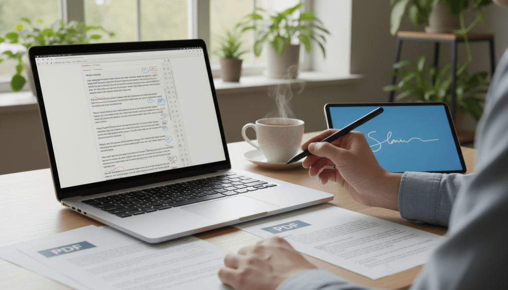 A modern workspace featuring a laptop with an open PDF editing software interface displaying a document filled with text and annotations. In the foreground, a hand holding a stylus hovers over the screen, indicating active editing. The middle ground includes an organized desk with a few scattered PDFs, a cup of coffee, and a digital tablet showing a signature tool. The background features a bright window allowing natural light to brighten the room, with green plants adding a touch of nature. Capture this scene from a slight angle to emphasize the laptop's screen and the editing process, creating a productive and focused atmosphere that reflects the theme of free online PDF editing tools. Use soft, warm lighting to enhance the inviting mood.