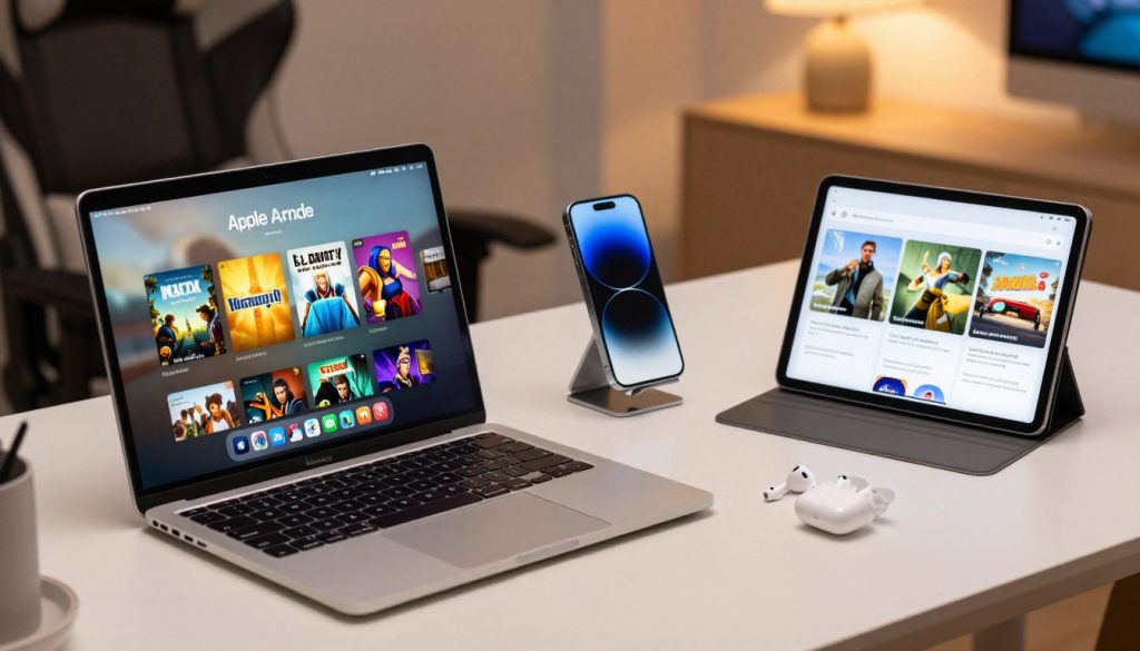A modern workspace featuring various Apple devices showcasing their compatibility and user experience with Apple Arcade games. In the foreground, a sleek MacBook Air is open with colorful game graphics on the screen, accompanied by an iPad Pro displaying a gaming interface. A pair of AirPods are nearby, emphasizing the seamless audio experience. In the middle, an iPhone is propped up on a stylish stand, highlighting mobile gaming. The background features subtle out-of-focus elements like a cozy gaming chair and soft ambient lighting, creating a relaxed atmosphere. The scene is shot with a shallow depth of field, using warm lighting to evoke enthusiasm and excitement for gaming across these innovative platforms.