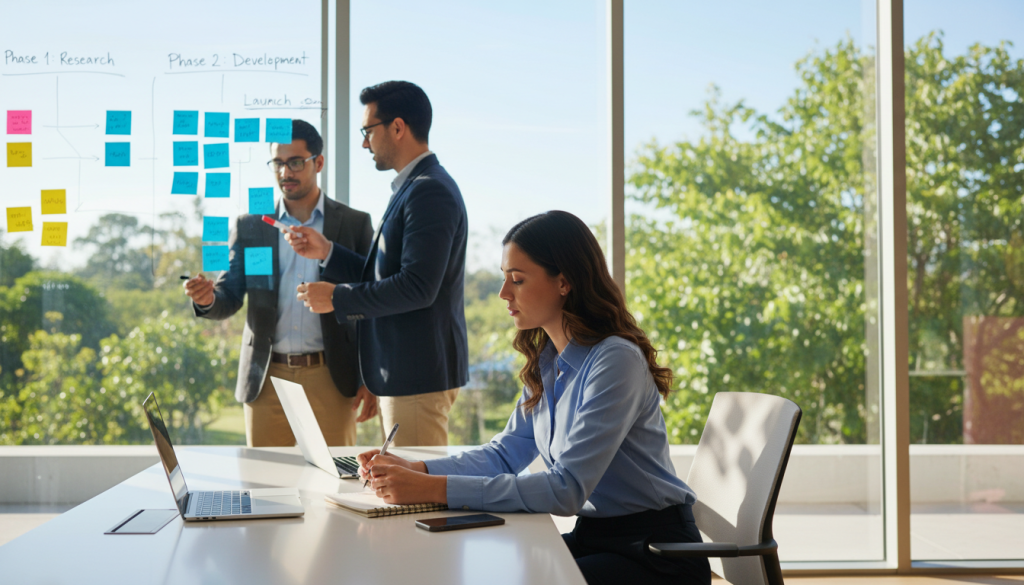 A modern workspace scene depicting a diverse group of three professionals—two men and one woman—focused on managing tasks and projects. In the foreground, the woman is seated at a sleek, minimalist desk with a laptop open, a notepad, and a smartphone, diligently jotting down notes. The middle area features a large wall-mounted whiteboard displaying colorful sticky notes and diagrams outlining project timelines. In the background, a window reveals a bright, sunny day, with greenery visible outside, while soft, natural light fills the room, creating an engaging and productive atmosphere. The professionals are dressed in smart business attire, exuding a sense of collaboration and determination, emphasizing the theme of effective task management.
