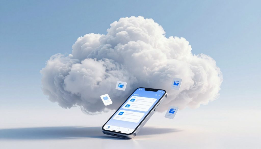 A serene and modern digital landscape depicting a vibrant cloud, symbolizing cloud storage. In the foreground, a sleek smartphone displaying a visual representation of organized files, with icons of photos, videos, and documents floating around it. In the middle, a gentle swirl of soft, fluffy white clouds, subtly illuminated as if reflecting sunlight, conveying a sense of lightness and freedom. The background features a minimalist tech-inspired environment, with soft gradients of blue and white that suggest a seamless connection to the digital world. The overall mood is calm and optimistic, emphasizing efficiency and ease in managing digital storage. The image should have a bright, clean look, with soft shadows for depth, shot from a slightly elevated angle.