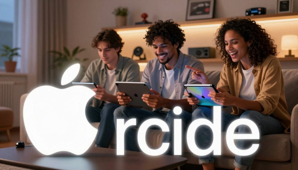 A sleek Apple Arcade logo prominently displayed in the foreground, designed with a modern and playful aesthetic, glowing softly. In the middle, a diverse group of three individuals—two men and one woman—sitting comfortably in a cozy, stylish living room, engaged in playing games on their devices, all wearing smart casual attire. One person is holding an iPad, another has a controller, and the woman is pointing excitedly at the screen. In the background, shelves filled with classic game memorabilia are softly lit, creating a warm ambiance. The lighting is soft and inviting, with a lens flare effect reflecting off the electronic devices. The mood is focused and enthusiastic, illustrating the enjoyment of the Apple Arcade service.
