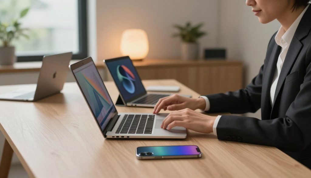 A sleek, minimalistic workspace featuring a modern Apple ecosystem setup. In the foreground, a person dressed in professional business attire is seamlessly switching between a MacBook, an iPad, and an iPhone, with a look of focus and clarity. The middle ground shows a stylish desk organized with Apple devices in a harmonious layout, showcasing continuity in productivity. In the background, soft ambient lighting creates a calming atmosphere, while a large window reveals a serene outdoor view, enhancing the feeling of a productive environment. The image captures a dynamic moment of technology integration, emphasizing efficiency and connectivity in a sophisticated setting. The color palette is warm and inviting, with natural light illuminating the scene, reflecting a sense of motivation and accomplishment.