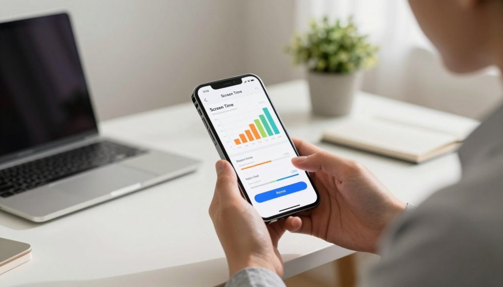 A sleek, modern iPhone screen displaying the "Screen Time" feature, with colorful graphs and adjustable sliders illustrating daily app usage limits. In the foreground, a person in business attire, focused on the phone, adjusts settings for app permissions, showcasing a sense of control and awareness. In the middle ground, a cozy home office setting with a clean desk, a laptop, and a plant, conveying productivity and professionalism. Soft, natural lighting filters in from a nearby window, casting gentle shadows. The atmosphere feels calm and organized, emphasizing the theme of managing digital privacy effectively.