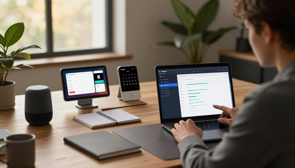 A sleek, modern workspace featuring an elegantly designed desk with a laptop displaying the Tasker automation interface. In the foreground, a person in professional business attire is intently focused on setting up a complex automation workflow on their laptop. The middle area showcases a few well-organized productivity widgets and gadgets, such as smart speakers, a digital calendar, and a planner. The background includes a large window letting in warm, natural light, illuminating the space subtly, complemented by lush indoor plants. The atmosphere is one of serenity and productivity, inviting a sense of advanced technology meeting sophisticated design. The camera angle is a dynamic three-quarter view, emphasizing the action of the user while clearly depicting the tools of automation. A sleek, modern workspace featuring an elegantly designed desk with a laptop displaying the Tasker automation interface. In the foreground, a person in professional business attire is intently focused on setting up a complex automation workflow on their laptop. The middle area showcases a few well-organized productivity widgets and gadgets, such as smart speakers, a digital calendar, and a planner. The background includes a large window letting in warm, natural light, illuminating the space subtly, complemented by lush indoor plants. The atmosphere is one of serenity and productivity, inviting a sense of advanced technology meeting sophisticated design. The camera angle is a dynamic three-quarter view, emphasizing the action of the user while clearly depicting the tools of automation.