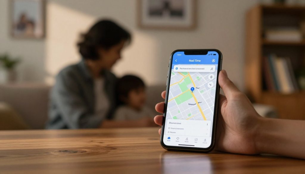 A smartphone displaying a real-time location tracking app interface on its screen, set against a cozy home environment. In the foreground, the phone is prominently positioned on a wooden table, its screen brightly lit, showcasing a vivid map with a moving dot indicating real-time tracking. In the middle ground, a blurred silhouette of a parent observing the phone, dressed in smart casual attire, reflecting a sense of control and responsibility. The background features soft, warm lighting casting gentle shadows, with hints of family-friendly decor, such as framed pictures and bookshelves. The overall atmosphere exudes a feeling of security and modern technology, emphasizing the theme of parental oversight with a touch of everyday family life.