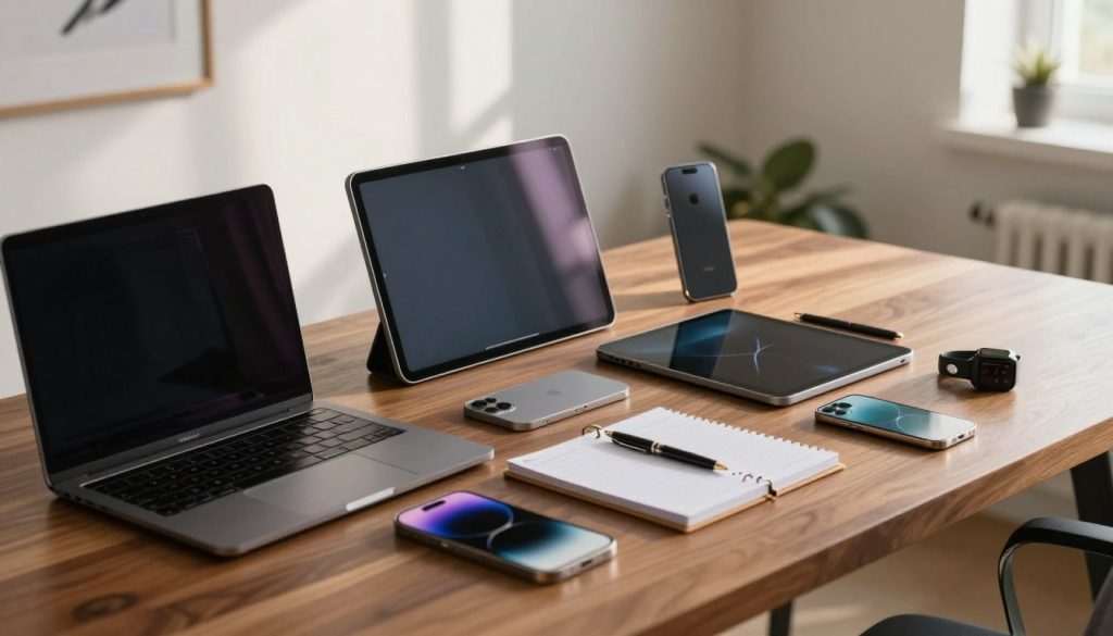 A tidy workspace showcasing various Apple devices, including a MacBook, iPad, iPhone, and Apple Watch, arranged neatly on a polished wooden desk. In the foreground, close-up details of the devices reveal their sleek designs and glowing screens, reflecting a modern aesthetic. In the middle, a light planner and a stylish pen sit alongside the devices, symbolizing productivity and organization. The background displays a softly lit room with minimalistic decor, emphasizing a calm and focused atmosphere. Natural light filters in through a window, casting gentle shadows, creating a warm, inviting mood. Use a wide-angle lens to capture the entire scene, highlighting the integration of technology in a workspace designed for efficiency. No human figures are present.