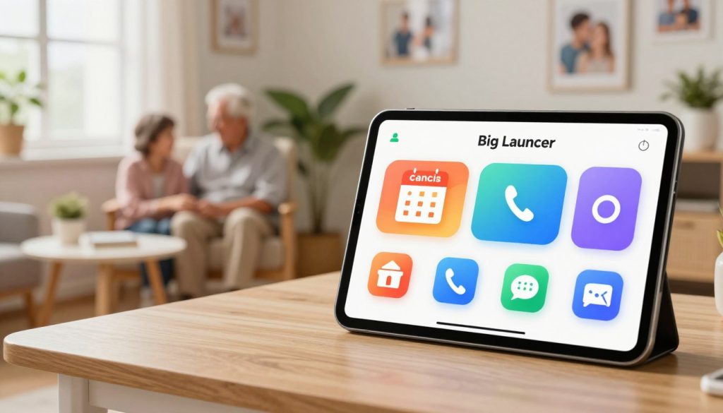 A vibrant and engaging workspace showcasing the Big Launcher interface tailored for accessibility. In the foreground, a large smartphone screen displays a simplified layout of Big Launcher with oversized icons for easy navigation, featuring colorful widgets like a calendar, phone, and messaging app. The middle ground includes a cozy living room setting with a comfortable chair and a small table, suggesting a home environment ideal for parents and grandparents. Soft, natural lighting pours in from a nearby window, creating a warm, inviting atmosphere. The background hints at a family-friendly decor with photos and plants, emphasizing a sense of community and support. The overall mood is uplifting and encouraging, making technology accessible to all ages. A vibrant and engaging workspace showcasing the Big Launcher interface tailored for accessibility. In the foreground, a large smartphone screen displays a simplified layout of Big Launcher with oversized icons for easy navigation, featuring colorful widgets like a calendar, phone, and messaging app. The middle ground includes a cozy living room setting with a comfortable chair and a small table, suggesting a home environment ideal for parents and grandparents. Soft, natural lighting pours in from a nearby window, creating a warm, inviting atmosphere. The background hints at a family-friendly decor with photos and plants, emphasizing a sense of community and support. The overall mood is uplifting and encouraging, making technology accessible to all ages.