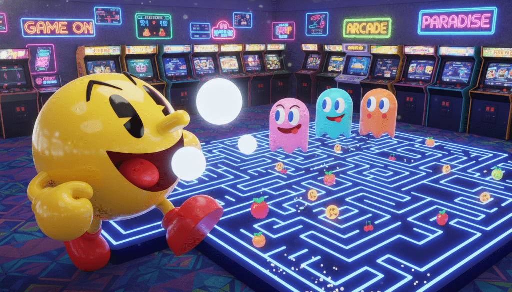 A vibrant and whimsical depiction of the World’s Biggest Pac-Man universe, set against a colorful retro arcade background. In the foreground, a giant, cheerful Pac-Man character is seen munching on oversized pellets, with a variety of vividly colored ghosts playfully chasing after it. The middle ground features pixelated maze-like pathways filled with various nostalgic arcade elements like fruit icons and power pellets. In the background, an energetic arcade atmosphere is created with bright neon lights and digital screens displaying classic game graphics. The lighting is bright and playful, resembling an inviting arcade during peak hours. Capture a joyful and nostalgic mood that revives the essence of classic gaming while maintaining an immersive sense of fun.