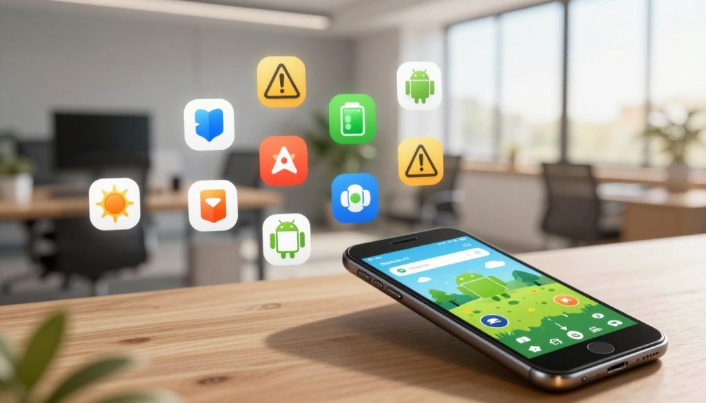 A vibrant digital workspace displaying an array of smartphone application icons representing popular Android games and battery optimization tools. In the foreground, a mobile device with a bright screen showing a game app in action, highlighting its battery consumption status. The middle ground features an array of colorful app icons, some surrounded by warning symbols, suggesting they are "villain" apps that drain battery life. The background is softly blurred, featuring a modern office environment with warm, natural light streaming through a window, creating an inviting atmosphere. The overall mood is focused and tech-savvy, inviting viewers to consider how they can manage their app usage for better battery life. The angle is slightly elevated, providing a comprehensive view of the scene.