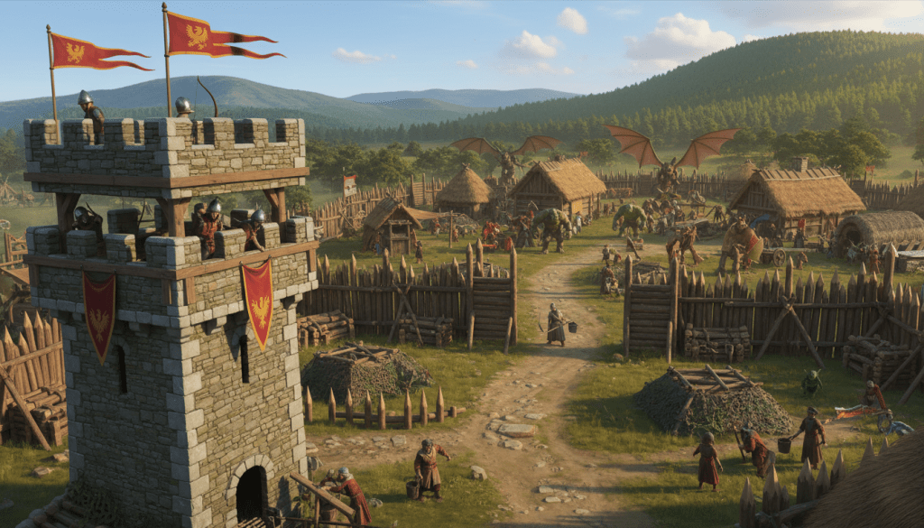 A vibrant medieval tower defense scene set in a lush fantasy landscape. In the foreground, a sturdy, stone tower stands tall, adorned with banners fluttering in the wind, with archers peering through arrow slits. In the middle, an array of colorful, strategically placed defenses, such as wooden barricades and spiked traps, protect a village from mythical creatures. A winding dirt path leads to the tower, where villagers are seen preparing for a battle, with a sense of urgency and teamwork. The background features rolling hills and a clear blue sky with fluffy clouds, bathing the scene in warm sunlight that casts soft shadows. The mood is lively and strategic, evoking a sense of both challenge and excitement.