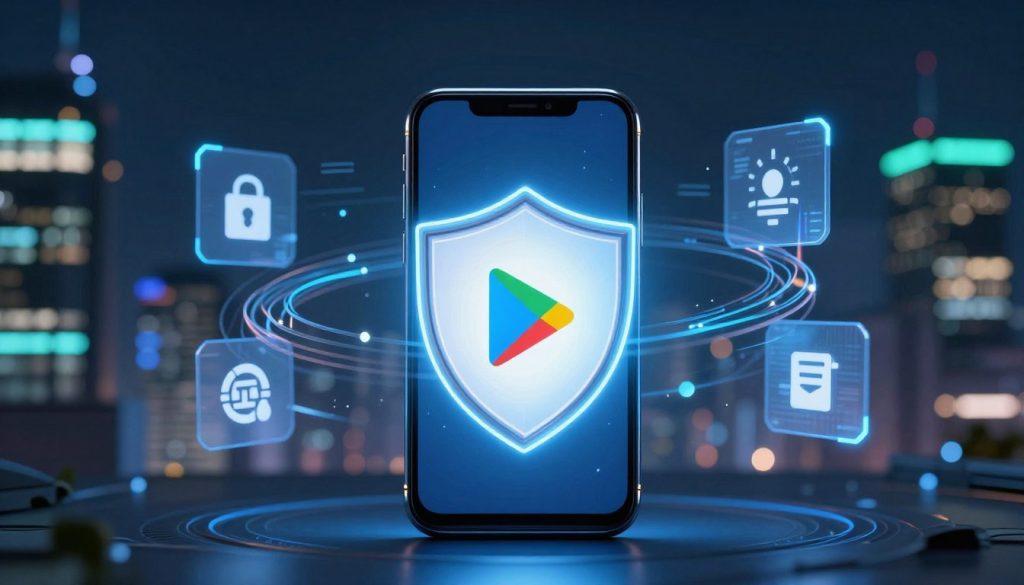 A visually striking image representing Google Play Protect, set in a digital environment that emphasizes security and verification. In the foreground, display a futuristic smartphone with the Google Play logo prominently on the screen, surrounded by a glowing shield symbolizing protection. The middle ground features a sleek, high-tech interface with app icons, wires, and digital elements swirling around, suggesting scanning and verification processes. In the background, create a blurred city skyline at night, with blue and green neon lights signifying technology and innovation. Use dynamic lighting to highlight the smartphone and shield, casting a subtle glow that enhances the mood of safety and vigilance. Capture the sense of ongoing protection and security in a clean, modern aesthetic.