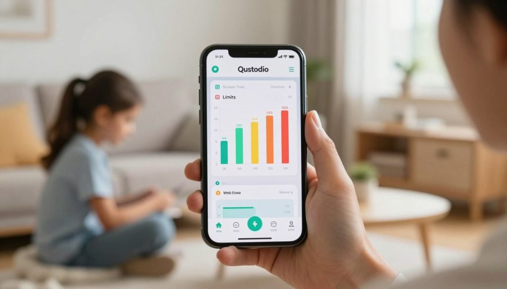 An iPhone displaying the Qustodio parental control app interface, prominently featuring colorful graphs showcasing screen time limits, web activity monitoring, and location tracking. The foreground includes a close-up of the iPhone held in a hand wearing a modest casual outfit, ensuring a relatable and everyday context. In the middle, the app's clear, user-friendly design is highlighted with vibrant colors and intuitive icons. The background presents a softly blurred living room setting, illuminated by warm, natural light streaming through a window, creating a cozy and inviting atmosphere. The scene conveys a sense of security and empowerment for parents looking to manage their children's digital experience effectively.